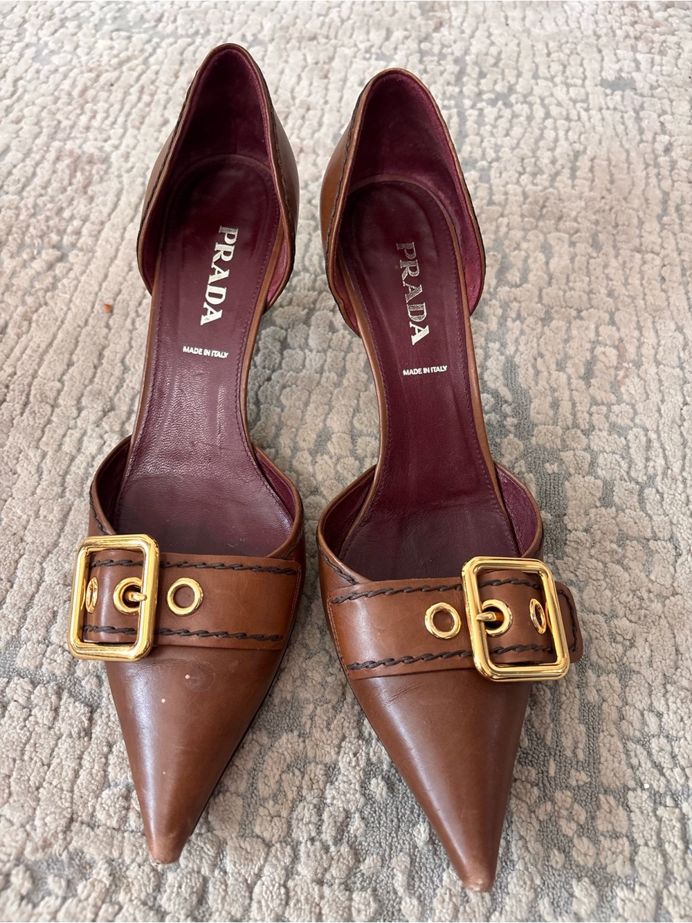 Prada Brown Leather Pointed-Toe Slingback Pumps with Gold Buckle size 38